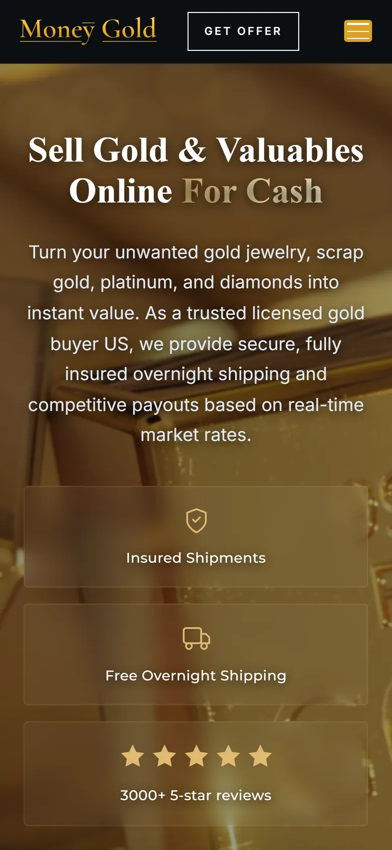 Domovská stránka Money Gold na mobile