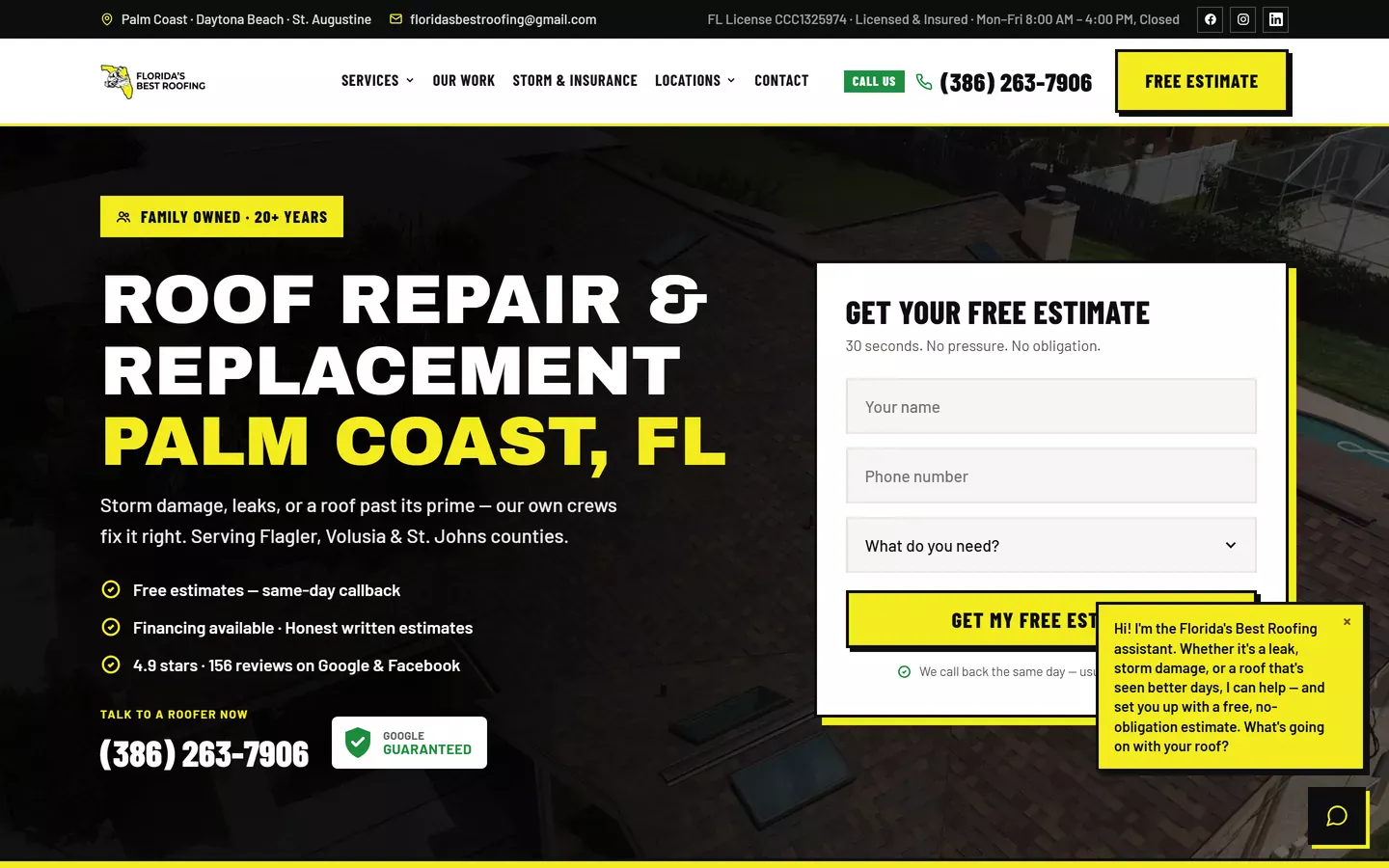 The Florida's Best Roofing home page as it ships today