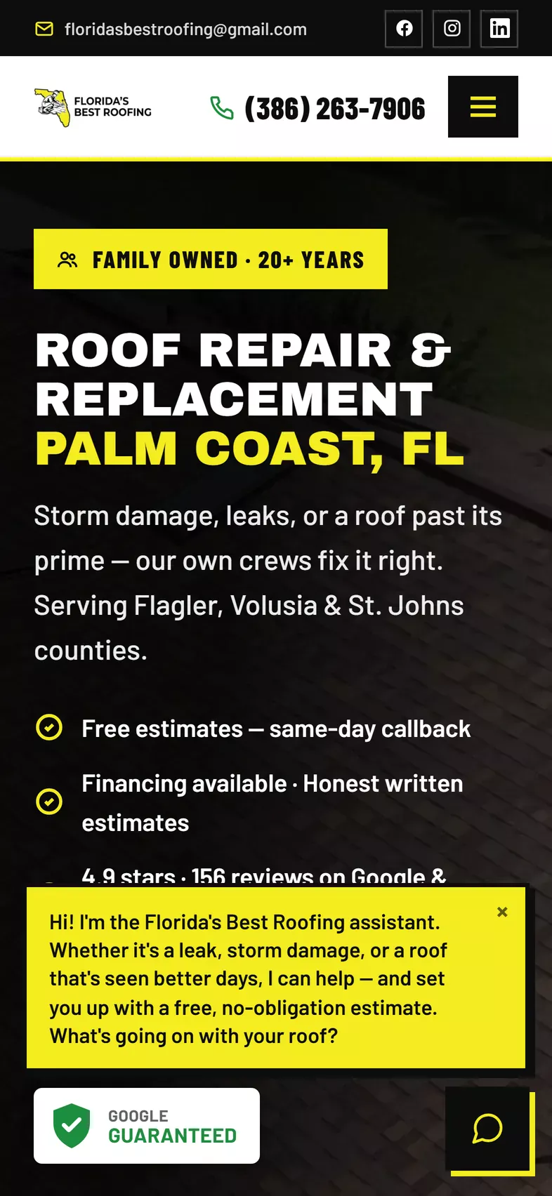 The Florida's Best Roofing home page on a phone