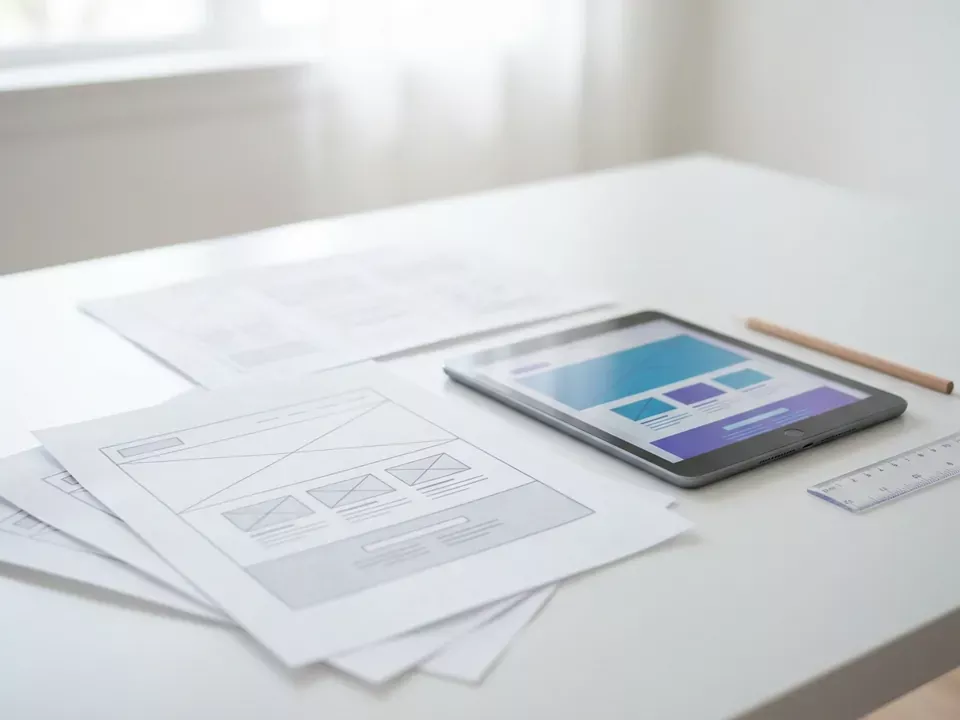 Vytlačené wireframy a rozloženie pre tablet na stole