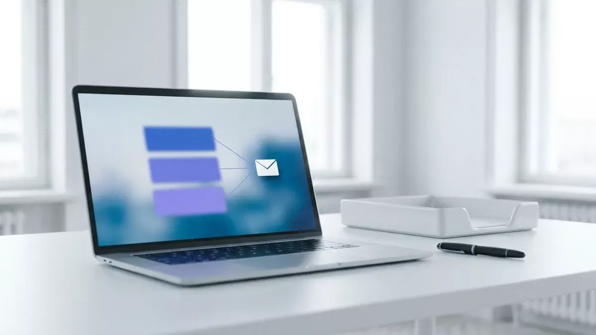 Notebook na bielom stole so schémou elektronickej faktúry a obálky, vedľa prázdny zásobník na papiere a pero