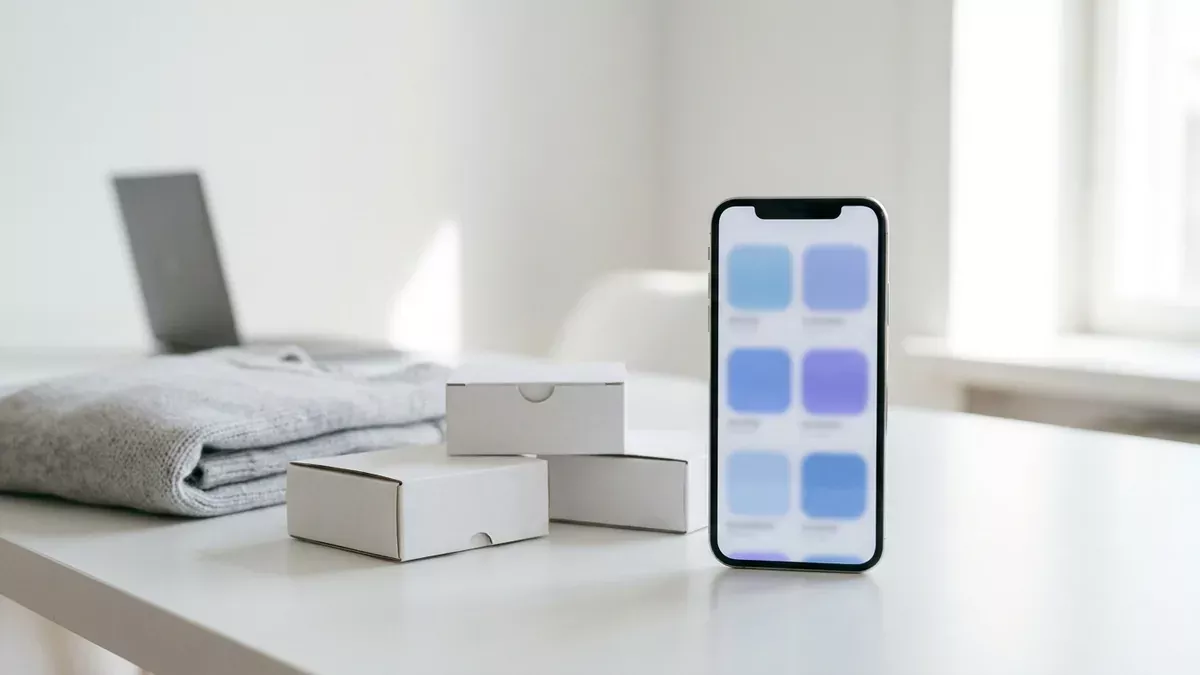 Smartfón s mriežkou modrých a fialových produktových dlaždíc vedľa bielych krabičiek a zloženého svetra na bielom stole.