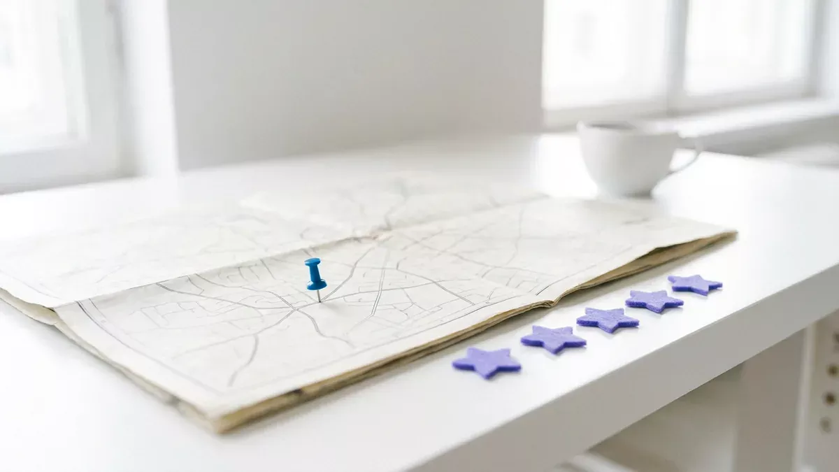 Papierová mapa bez popisov s modrým pripináčikom a piatimi fialovými hviezdičkami na bielom stole, v pozadí rozmazaná šálka kávy