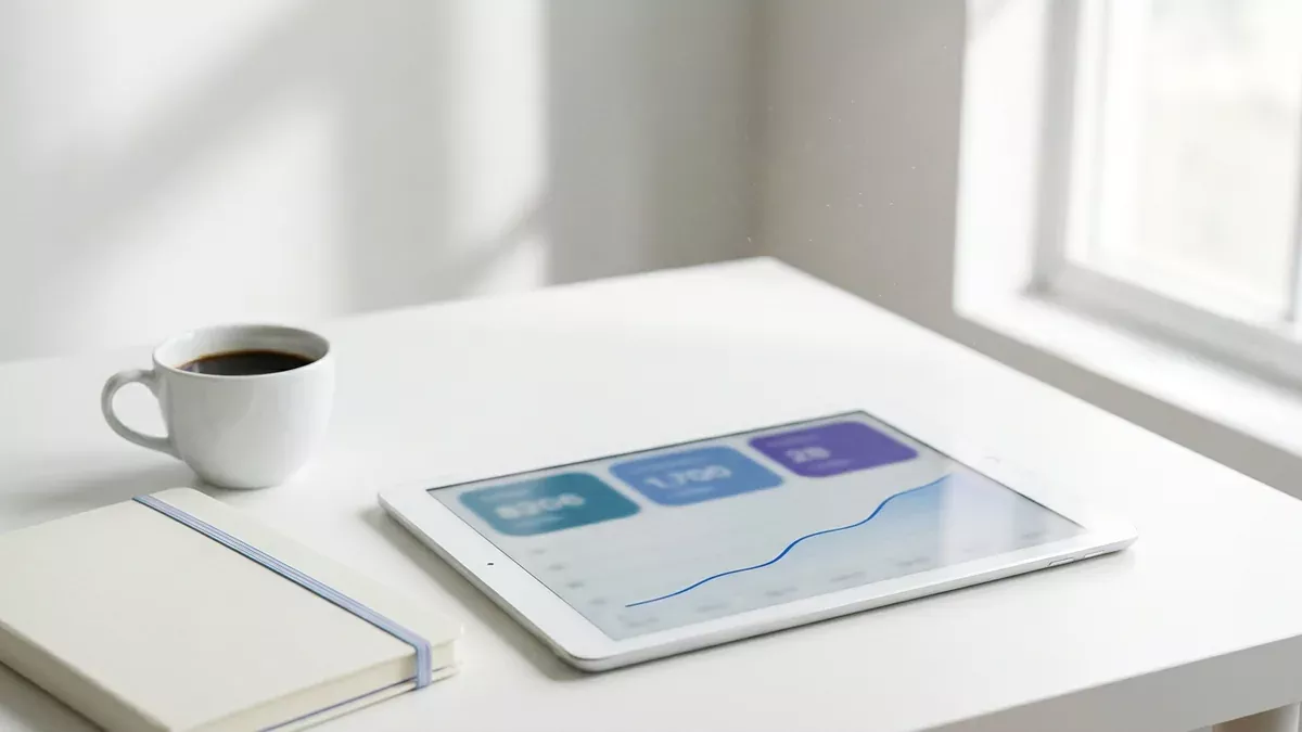 Tablet so správou o výsledkoch SEO a šálka kávy