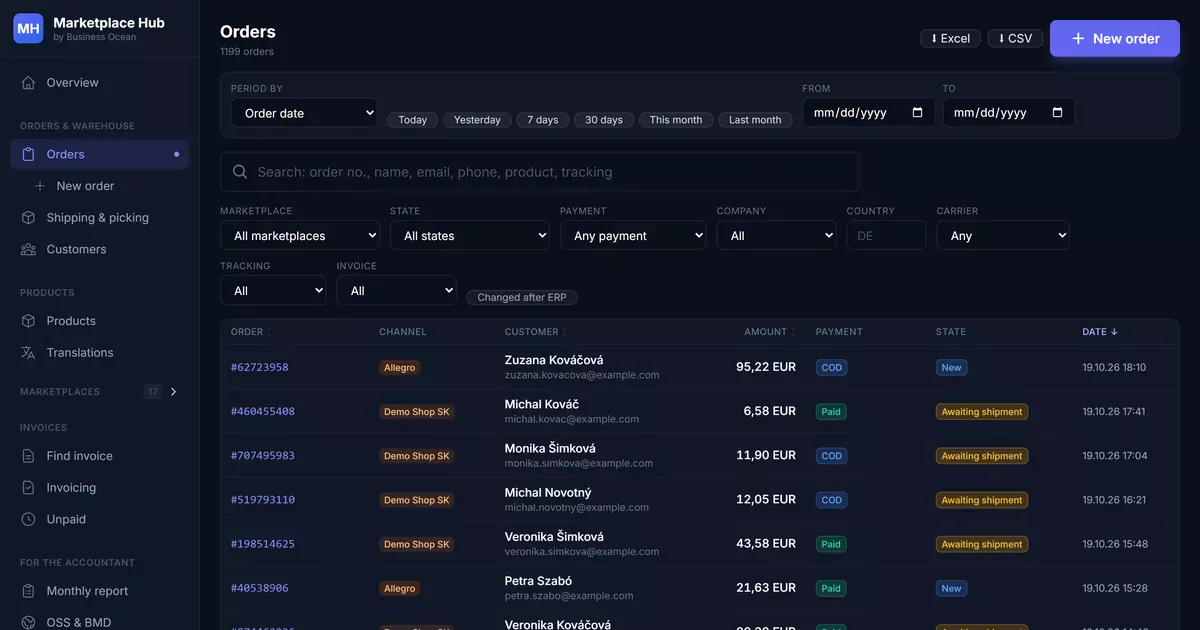 Zoznam objednávok z viacerých trhovísk v Marketplace Hub (ukážka z dema)